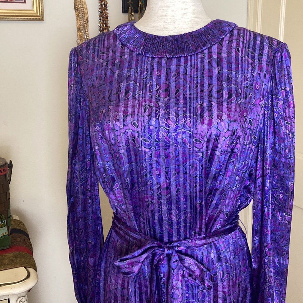 Vintage 80s Paisley Pleated Belted Midi Dress Sz 10